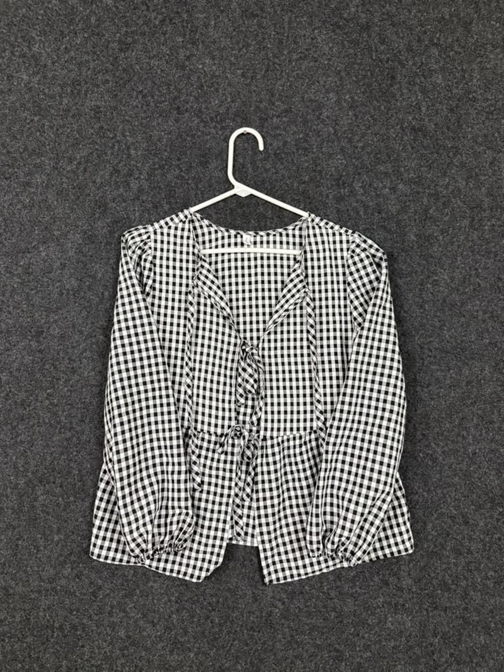 Early Sunset Womens XS Black White Gingham Tie Front Peplum Blouse Long Sleeve